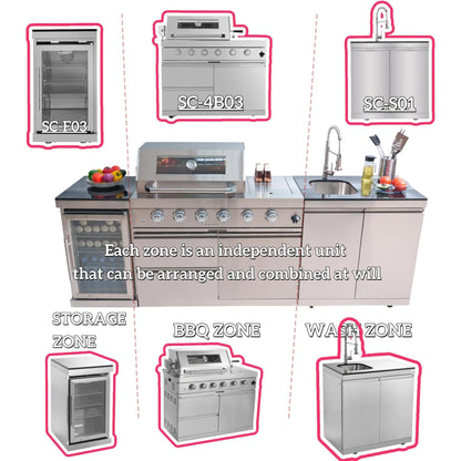 Modular Outdoor Kitchen BBQ Island, 104" Outdoor Kitchen Propane Gas Island Grill with Sink, Compact Refrigerator, Storage Cabinets, Rotisserie Kit (Silver, 104") — product view 6