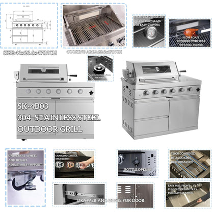 Modular Outdoor Kitchen BBQ Island, 104" Outdoor Kitchen Propane Gas Island Grill with Sink, Compact Refrigerator, Storage Cabinets, Rotisserie Kit (Silver, 104") — product view 7