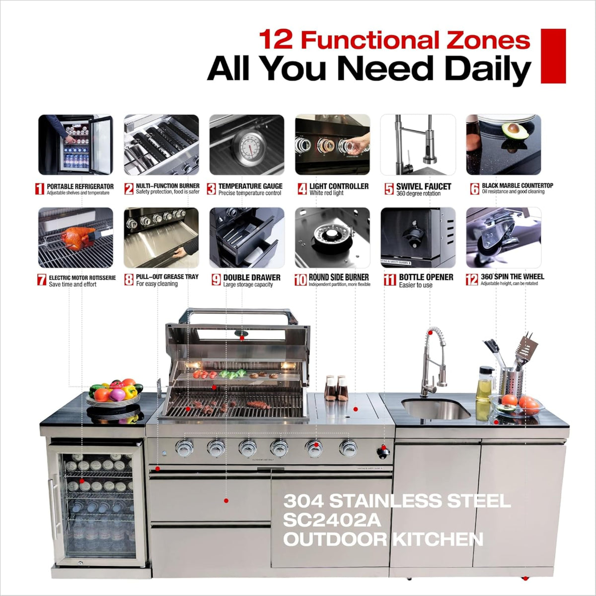 Modular Outdoor Kitchen BBQ Island, 104" Outdoor Kitchen Propane Gas Island Grill with Sink, Compact Refrigerator, Storage Cabinets, Rotisserie Kit (Silver, 104") — product view 9