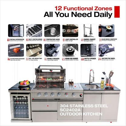Modular Outdoor Kitchen BBQ Island, 104" Outdoor Kitchen Propane Gas Island Grill with Sink, Compact Refrigerator, Storage Cabinets, Rotisserie Kit (Silver, 104") — product view 9