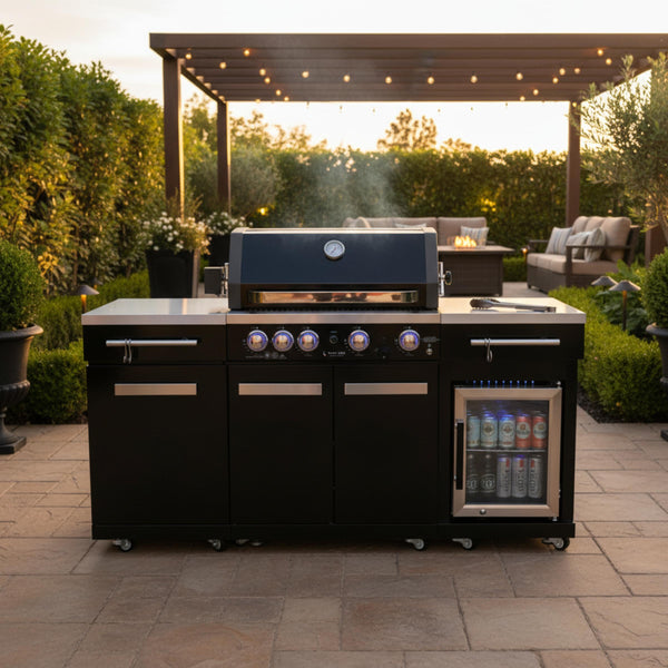 Premium 70" Black Stainless Steel Outdoor Kitchen Island with Refrigerator + 32"W 4-Burner BBQ Grill with Rear Burner — product view 3