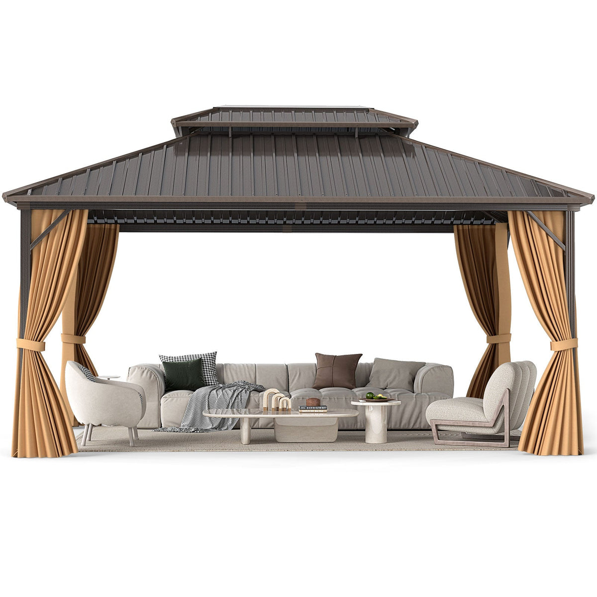 16 x 12 Feet Hardtop Gazebo Aluminum Frame Permanent Pavilion with Curtains and Netting-Coffee